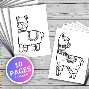10 páginas para colorir para impressão de lhama fofa, livro para colorir de lhama fofo, atividade divertida em casa, relaxar e colorir