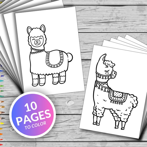 10 Cute Llama Printable Coloring Pages, Cute Llama Coloring Book, Fun At Home Activity, Relax And Color