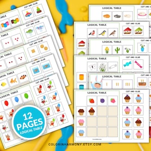 May include: A set of 12 printable worksheets for children to practise logical thinking skills. Each page features a different image and a grid to sort and match the images. The worksheets are titled "Logical Table" and include the instruction "Cut and Glue".