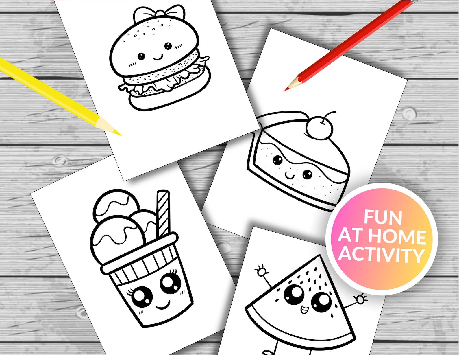 15 Cute Food Printable Coloring Pages, Cute Food Coloring Book, Fun at