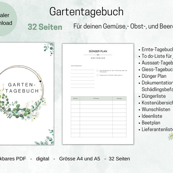 Garten Tagebuch druckbar Garten Planer Garten Logbuch Gemüse Planung  Checkliste Saatgut Protokoll Giess Kalender deutsch