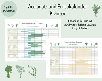 Sowing calendar - harvest calendar for herbs - annual planner for herbs - annual calendar herbs - seasonal calendar - hobby gardeners