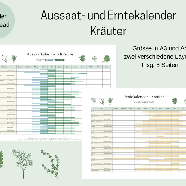 Aussaatkalender - Erntekalender für Kräuter - Jahresplaner für Kräuter - Jahreskalender Kräuter - Saisonkalender - Hobbygärtner