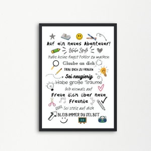 Könnte beinhalten: Ein Motivationsposter mit schwarzem Rahmen und weißem Hintergrund. Das Poster zeigt verschiedene bunte Illustrationen und Text in deutscher Sprache, darunter "Auf ein neues Abenteuer!" (Auf ein neues Abenteuer!), "Habe Spaß" (Viel Spaß!), "Sei neugierig" (Sei neugierig) und "Habe große Träume" (Habe große Träume).