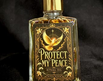 May include: A clear glass bottle with a gold dropper cap containing a golden liquid and dried botanicals. The rectangular label features a gold dove illustration, ornate borders, and the text: Protect My Peace, Ritual Oil, Witch Elixir.