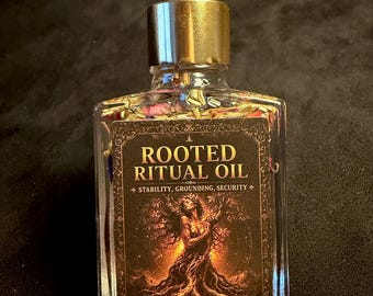 May include: A clear glass dropper bottle containing oil and dried botanical pieces. The label features the text ROOTED RITUAL OIL, STABILITY, GROUNDING, SECURITY, and WITCHELIXIR, with an illustration of a figure merging with tree roots.