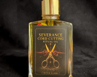 May include: A clear glass bottle filled with yellow liquid and botanical pieces, topped with a gold dropper cap. The black rectangular label features gold text reading SEVERANCE CORD CUTTING RITUAL OIL and WITCH ELIXIR with a graphic of gold scissors.
