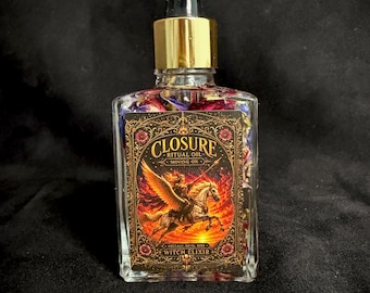 May include: A clear glass bottle with a gold dropper cap containing liquid and dried flower petals. The rectangular label features the text CLOSURE RITUAL OIL MOVING ON and WITCH ELIXIR, with an illustration of a winged horse rider in flames.