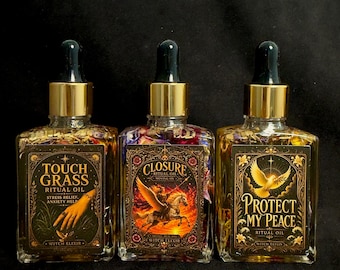 May include: Three rectangular glass bottles with gold dropper caps, each filled with oil and dried botanicals. The labels read: Touch Grass Ritual Oil, Closure Ritual Oil, and Protect My Peace Ritual Oil, featuring detailed illustrations and text.
