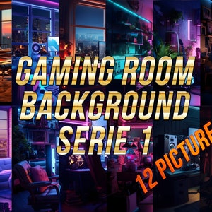 Peut inclure: Un collage de 12 images présentant différentes configurations de salles de jeu avec des néons, des meubles colorés et des vues sur la ville. Le texte "GAMING ROOM BACKGROUND SERIE 1 12 PICTURES" est superposé aux images.