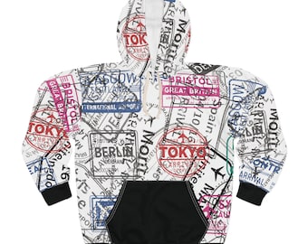 Personalize hoodie, International Travel Pullover Hoodie (AOP), Passport stamp, color block hoodie