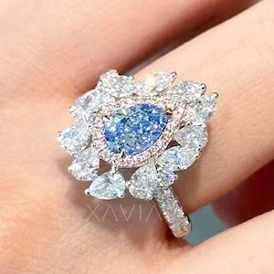 Anello Cocktail Blue Pear Diamond, anello di fidanzamento, fede nuziale, anello con diamante creato in laboratorio, 3 ct creato in laboratorio, regalo di anniversario, diamante creato in laboratorio