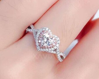 Heart Lab Grown Diamond Ring: Fancy Pink Double Halo Engagement Ring