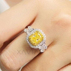 Bague de laboratoire 3 carats faite main avec diamants jaunes éclatants : bague de fiançailles en or massif