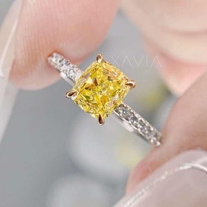 Anello con diamante a cuscino, anello nuziale con diamante giallo, anello di fidanzamento con diamante, anello con diamante da 1 carato, diamante creato in laboratorio, regalo di anniversario