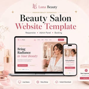 以下が含まれることがあります： 美容サロンのウェブサイトテンプレート。ラップトップとスマートフォンに表示されています。デザインはソフトピンクの色使いで、「Beauty Salon Website Template」の文字があります。ラップトップの画面には「Bring Radiance to Your Beauty」と表示されています。