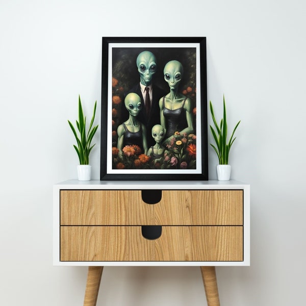 Vintage Family Portrait Painting: Dark Galactic Wall Art, Vintage Sc-Fi Poster, Colorful Alien, Instant Digital Download, Printable, Chic