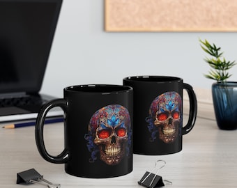 Halloween Mug Stained Glass Skull Flower Skull Work mug Halloween Desk Mug Skull Gift for Women Coffee Lover Gift