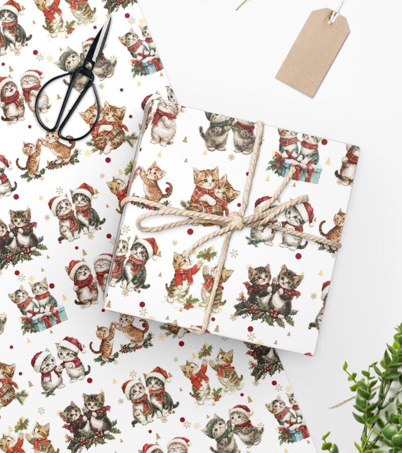 Kids Christmas Gift Wrap, Cat Lover Gift Wrap, Cute Kitten Pals