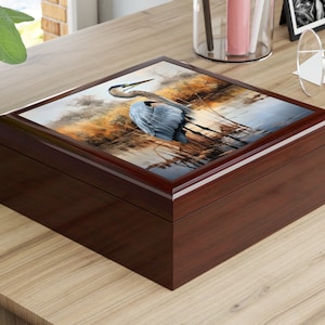 Mini portagioie Heron, scatola decorativa in legno per ricordi, portaoggetti con coperchio, regalo Outer Banks, regalo unico Great Blue Airone, regalo di Pasqua
