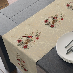 Christmas Table Runner Vintage style Bird and floral with Gold ornate Background. Perfect Holiday Tablescape Classic Decor