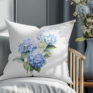 Blue Hydrangea Square Pillowcase, Floral Pillow Cover, Decorative Cushion Case, Watercolor Throw Pillow Case, Spring Accent Pillow