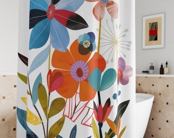 Bunter Duschvorhang Mitte des Jahrhunderts moderne Ästhetik von lebendigen Blumen in Blau, Orange, Gold. Perfektes Teen Badezimmer Dekor. Boho-Design