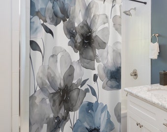 Blue Floral Shower Curtain For Bathroom with Spring Flowers in Watercolor motif