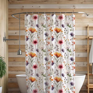 Wildflower Shower Curtain, Floral Bathroom Curtain,  Long Fabric Shower Stall Curtain, Cottage Bathroom Decor, Guest Bathroom, Dorm Shower