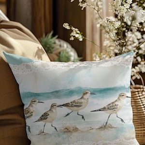 Beach-Inspired Decor Pillow, Coastal Home Accent, Nautical Throw Cushion, Ocean Vibe Pillow, Bird Pattern Cushions, Living Room Decor