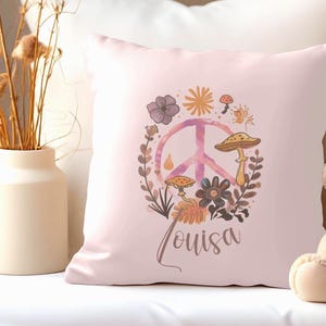 Personalized Boho Pillow Case, Pink Florals and Mushrooms, Custom Name Square Pillow Covering, Girls Bedroom Decor