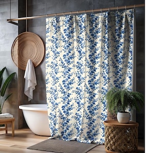 Bauernhaus Duschvorhang, blauer Duschvorhang mit Blumenmuster im Vintage-Stil, Stoff wasserfester Stoff, ländliches Badezimmer, mädchenhaftes Badezimmer