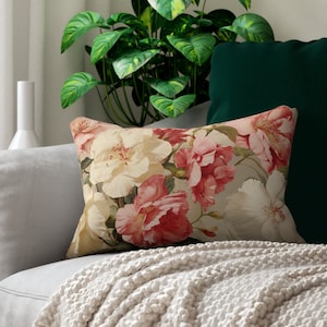 Floral Lumbar Pillow French Country Throw Pillow Victorian Pillow Pink Flowers Cottage Decor Pillow Rectangle 20X13 Modern Decor