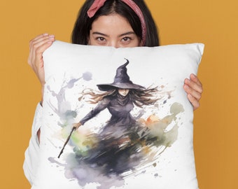 Witch Pillow Halloween pillow of Watercolor witch  Front and Back Square Pillow 14x14 16x16 18x18 20x20 Halloween decor