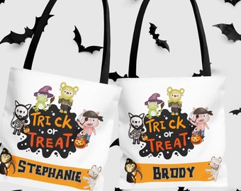 Trick or Treat Bag Personalized Cute Animals in Costume tote name Trick-or-Treat tote Halloween Tote bag Trick or Treat Goody bag