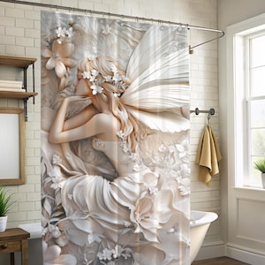 3D Fairy Shower Curtain - Whimsical Bathroom Decor, Floral Fantasy Design, Enchanted Fairy with Wings, Fairy Lover Gift, Cottage Core decor