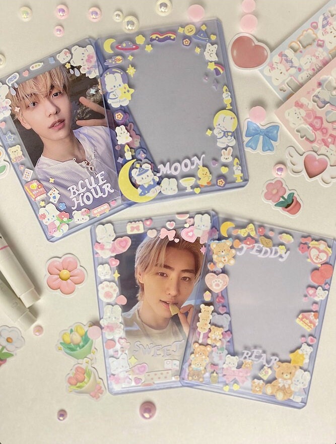 Photocard Holder Deco Stickers Top loaders Deco DIY Set for photocards  Kpop, 10pcs Hard Photo Card Holder, 12 Sheets Deco Stickers, 1pc Stand Kpop