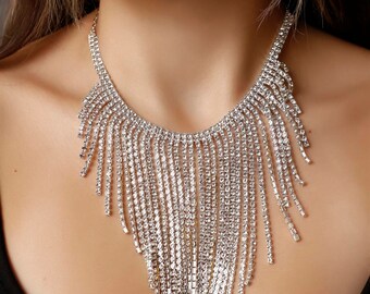 Stylish Body Accessory with Crystal Stone Tassels Tassel Necklace Fringed Necklace Choker Silver