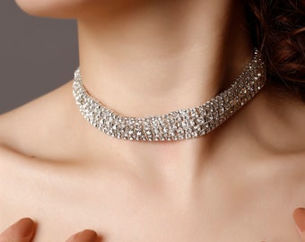 Women's 5 Row Stone Silver Choker Necklace, Stone Choker, Waterway Choker Necklace Silver Plated Choker