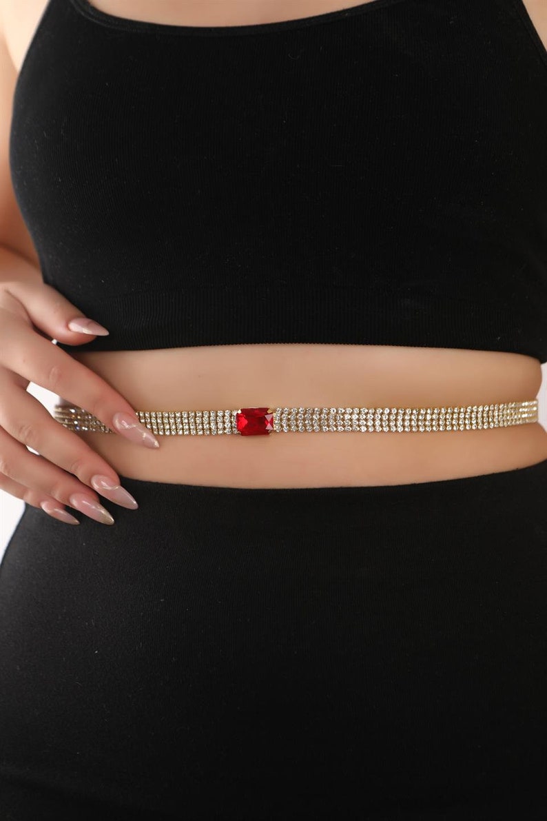 Red Baguette Stone Waterway 4 Row Waist Chain Stone Waist Chain Bikini Trend Waist Chain Belt Belly Chain image 1