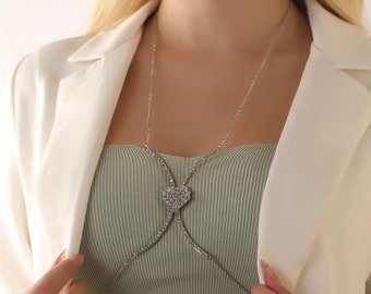 Crystal Heart Stone Body Accessory Chest Bikini Jewelry Bra Jewelry Silver Plated