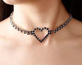 Black Crystal Stone Heart Choker Necklace Party Necklace Bridal Necklace Engagement Necklace Silver Plated Choker