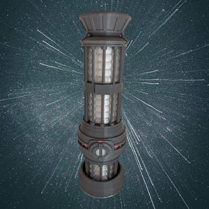 May include: A grey cylindrical object with a series of small, white, round lights. The object has a black band with a red and white symbol on it. The object is set against a dark blue background with white streaks.