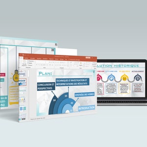 Peut inclure: Un écran d'ordinateur portable affichant une diapositive de présentation avec le titre "Évolution Historique" et une chronologie en quatre étapes : il y a 3 000 ans, il y a 1 700 à 3 000 ans, Moyen Âge et actuellement. La diapositive de présentation comprend également un plan en quatre sections : Introduction, Synthèse des verres, Techniques d'investigation et interprétations des résultats, et Conclusion et perspectives.