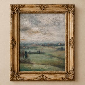 May include: A landscape oil painting in a rectangular, ornate, distressed gold-toned frame. The artwork depicts a rolling green field under a cloudy, overcast sky with muted tones of grey, blue, and earthy green, featuring visible brushstrokes.