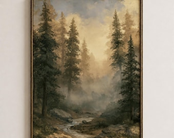 Op de afbeelding: Een verticale ingelijste wandkunstprint met een mistig boslandschap met hoge groenblijvende bomen, rotsachtig terrein en een kleine stromende beek. De scène bevat gedempte aardetinten, zacht goudkleurig licht en een blauwe lucht.