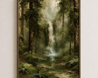 Op de afbeelding: Een rechthoekige wandkunstprint met een olieverfschilderij van een dicht bos met hoge dennenbomen en een centrale waterval die in een kleine poel stroomt. De scène is uitgevoerd in tinten donkergroen, bruin en gedempte witte mist.