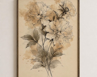 Vintage pioenrozenboeket, botanische aquarelschets afdrukbare muurkunst (digitale download) 2291