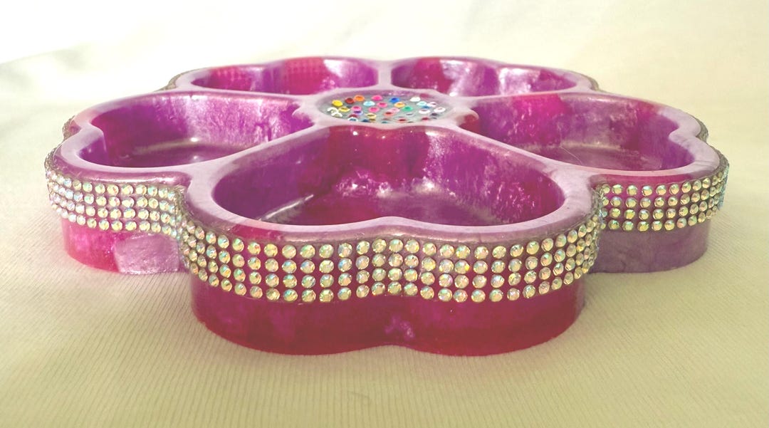 Resin Flower Trinket Dish Bright Pink With Gems in the Middle and ...