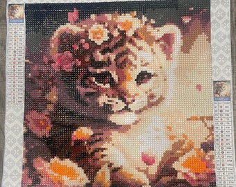 Baby Lion & Flowers framed Diamond Painting